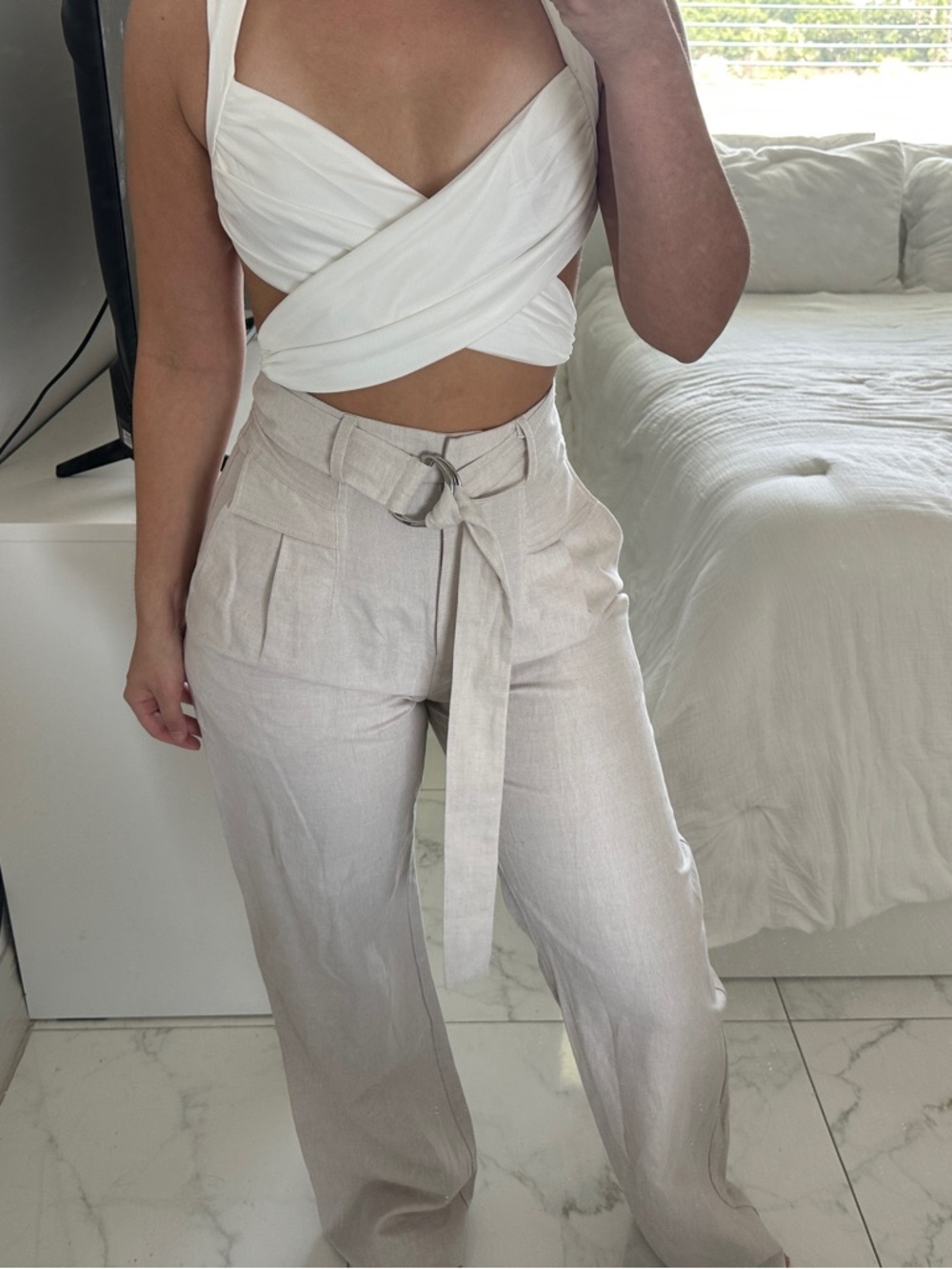 Bec & Bridge Natural Beige Wide-Leg Tie Waist Pants